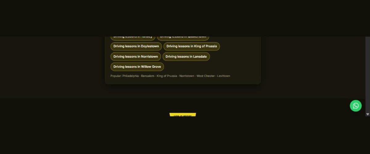 Screenshot of apkadesidrivingschool.com listing per-town driving lesson links across Pennsylvania.