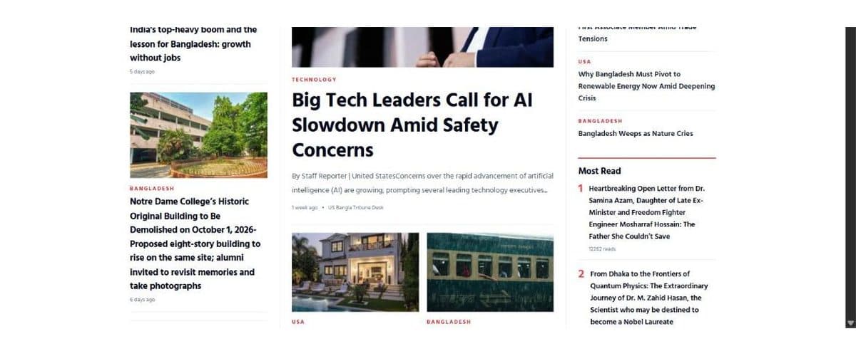 Screenshot of usbanglatribune.com showing the article grid beside the Latest and Most Read columns.